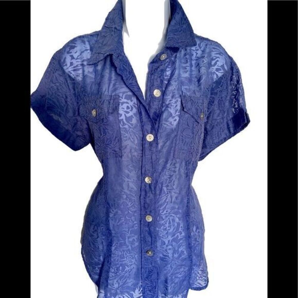 Chicos Sheer Shirt - 1(M) blue , polyester/rayon /linen